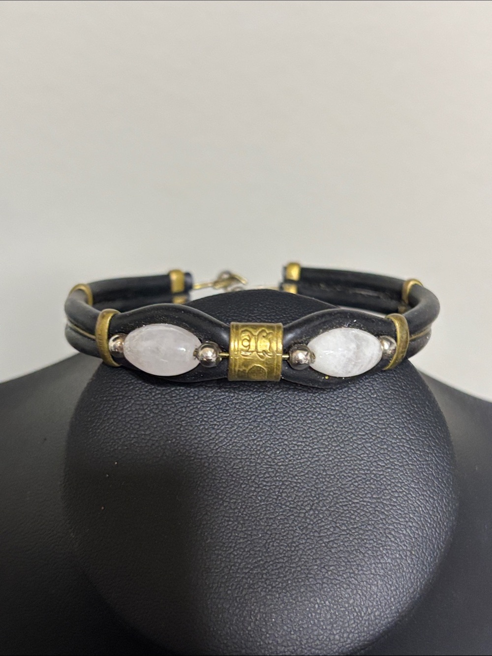 Handcrafted Black Leather Bracelet with White Stone Gem Accents